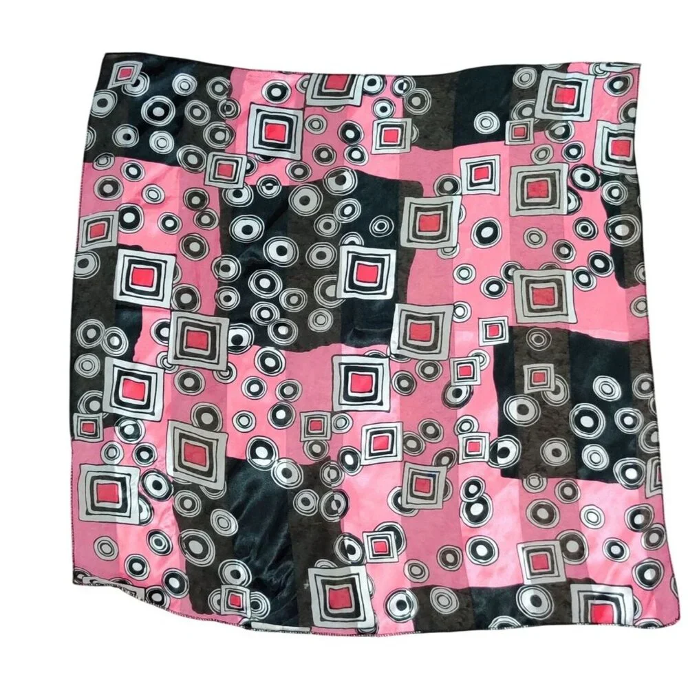 Womens Scarf Pink Black Geometric Print Lightweight Sheer Square Mod Retro Chic